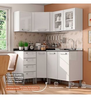 Cocina Integral en L Bertolini en Acero Incluye Lavaplatos Color Blanco