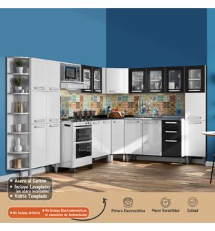 Cocina Integral en L Bertolini en Acero Incluye Lavaplatos Color Blanco con Negro