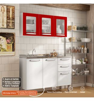Cocina Integral Bertolini en Acero 1.20m Incluye Lavaplatos Color Rojo y Blanco