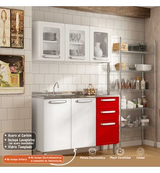 Cocina Integral Bertolini en Acero 1.20m Incluye Lavaplatos Color Blanco con Rojo