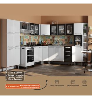 Cocina Integral en L Bertolini Acero Incluye Lavaplatos Color Blanco con Negro