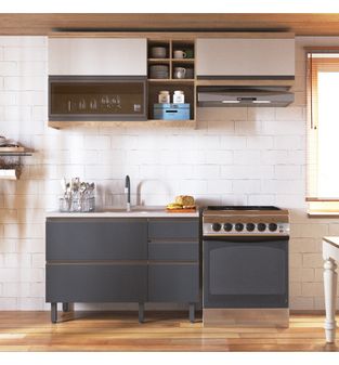 Cocina Integral MDP 200cm incluye lavaplatos central  5 puertas 3 cajones- Gris arena