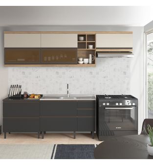Cocina Integral MDP 280cm incluye lavaplatos central  4 puertas 3 cajones- Gris arena