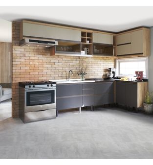 Cocina Integral MDP 328x127cm incluye lavaplatos central - Gris arena