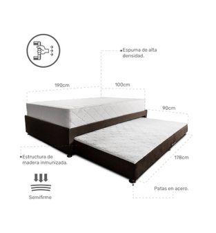Combo Somier Nido Marron + Colchon Dreamer Plus 100 x 190 cm Dureza Intermedia + almohada