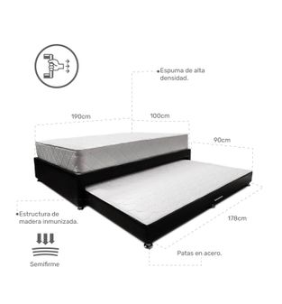 Combo Somier Nido Negro + Colchon Dreamer Plus 100 x 190 cm Dureza Intermedia + almohada