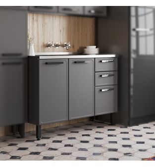Mueble Inferior de cocina en acero 120 cm con Lavaplatos Central Gris