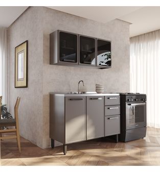 Cocina Integral con vidrios en Acero 120cm incluye lavaplatos central Gris grafito