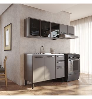 Cocina Integral en ACERO 200cm incluye lavaplatos central Gris
