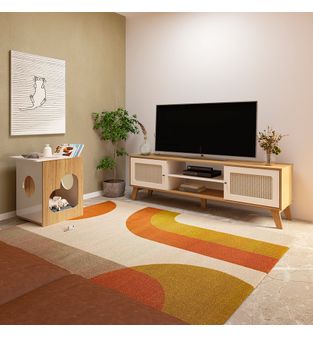 Combo Mueble TV 75" Y Mesa Auxiliar Mascota Pet Color Roble Y Off White