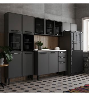 Cocina Integral con vidrios en ACERO 280cm alacena y mueble campana incluye lavaplatos central Gris