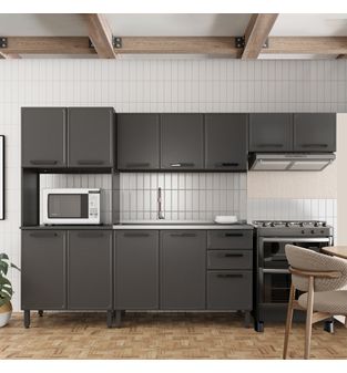 Cocina Integral en ACERO 280cm sin vidrios incluye lavaplatos central y mueble microondas Gris