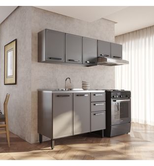 Cocina Integral sin vidrios en ACERO al carbono 200cm incluye lavaplatos central Gris grafito