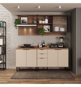 Cocina Integral en MDP 200cm con meson en MDP 6 puertas Beige con freijo