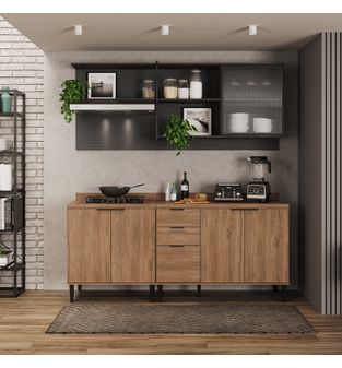 Cocina Integral en MDP 200cm con meson en MDP 6 puertas Freijo y grafito
