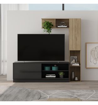 Mueble para TV 60" con repisa y biblioteca en MDP una puerta noce y negro