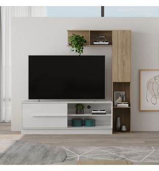 Mueble para TV 60" con repisa y biblioteca en MDP una puerta noce y blanco