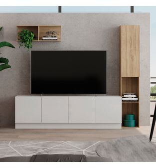 Mueble para TV 70" con repisa y biblioteca en MDP una puerta noce y blanco