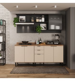 Cocina Integral en MDP 200cm con meson en MDP 6 puertas Beige con grafito