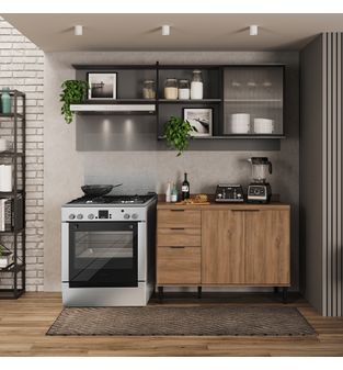 Cocina Integral en MDP 200cm con meson en MDP 4 puertas Freijo con gris