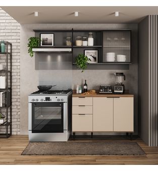 Cocina Integral en MDP 200cm con meson en MDP 4 puertas Beige con gris