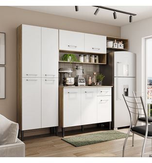 Cocina Integral en MDP 230cm con meson en MDP 9 puertas Roble y blanco