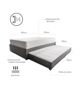 Combo Somier Nido Gris + Colchon Dreamer Plus 100 x 190 cm Dureza Intermedia + almohada