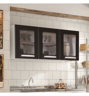 Gabinete superior en acero al carbono 120cm 3 puertas con vidrio Bertolini negro