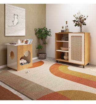 Combo Armario Bife Comoda Y Mesa Auxiliar Mascota Pet Color Roble Y Off White