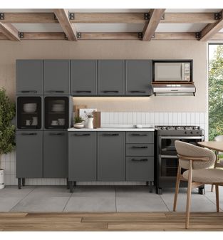 Cocina Integral en ACERO 260cm incluye lavaplatos central y alacena con vidrios