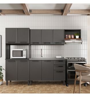 Cocina Integral en ACERO 260cm sin vidrios incluye lavaplatos central y mueble microondas Gris