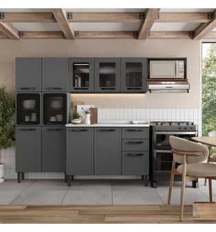 Cocina Integral con vidrios en ACERO 260cm alacena y mueble campana incluye lavaplatos central Gris