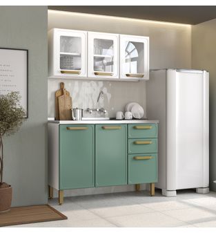 Cocina Integral en acero 191x120x48cm con vidrio verde bellagio
