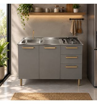 Mueble inferior de acero con lavaplatos y dos fogones Pecan